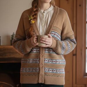 POP England M Fair Isle Cottagecore Cabincore Grandmacore Wool Blend Cardigan
